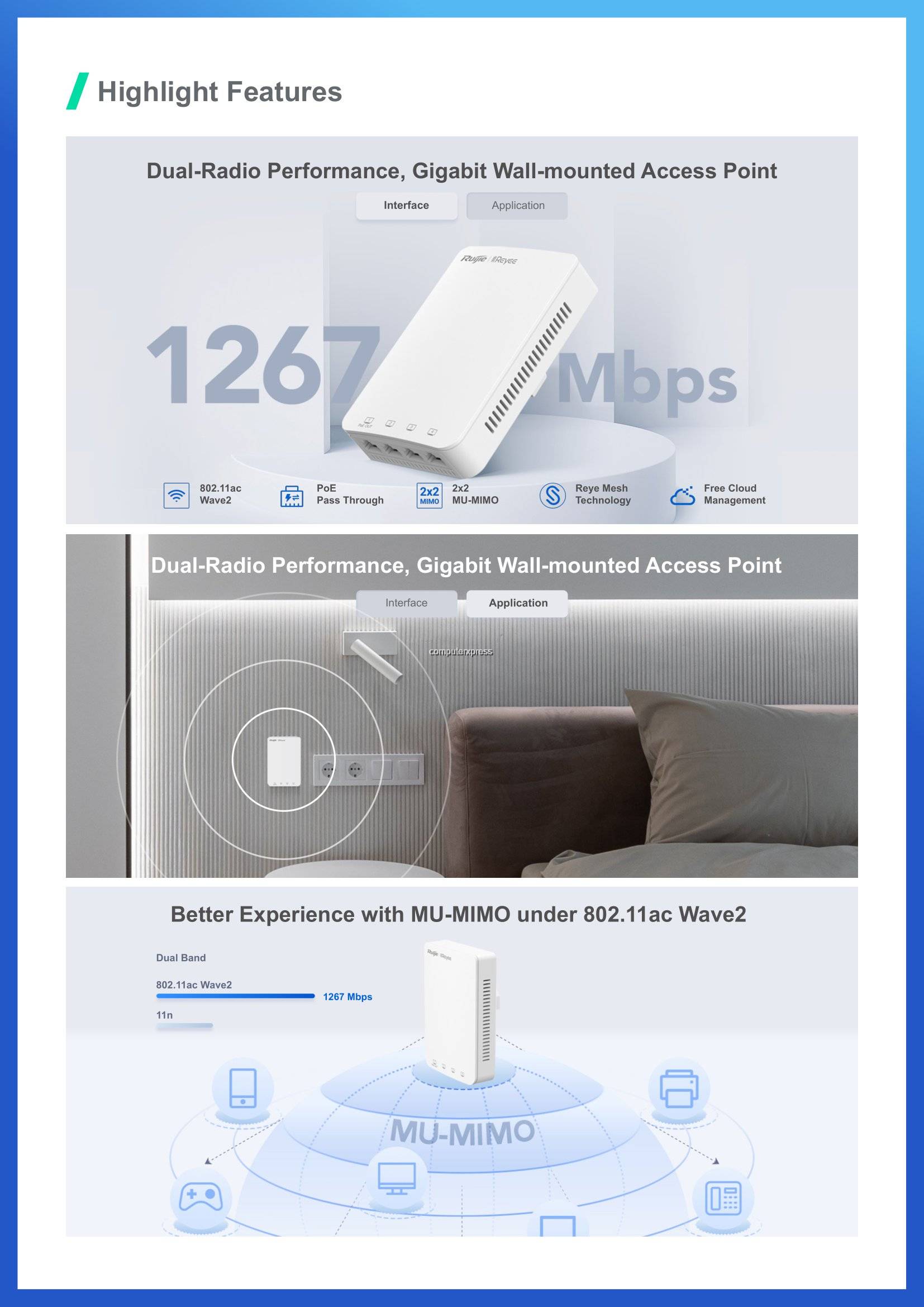 Ruijie RGRAP1200(P) WiFi 5 1267Mbps Wallmounted Access Point